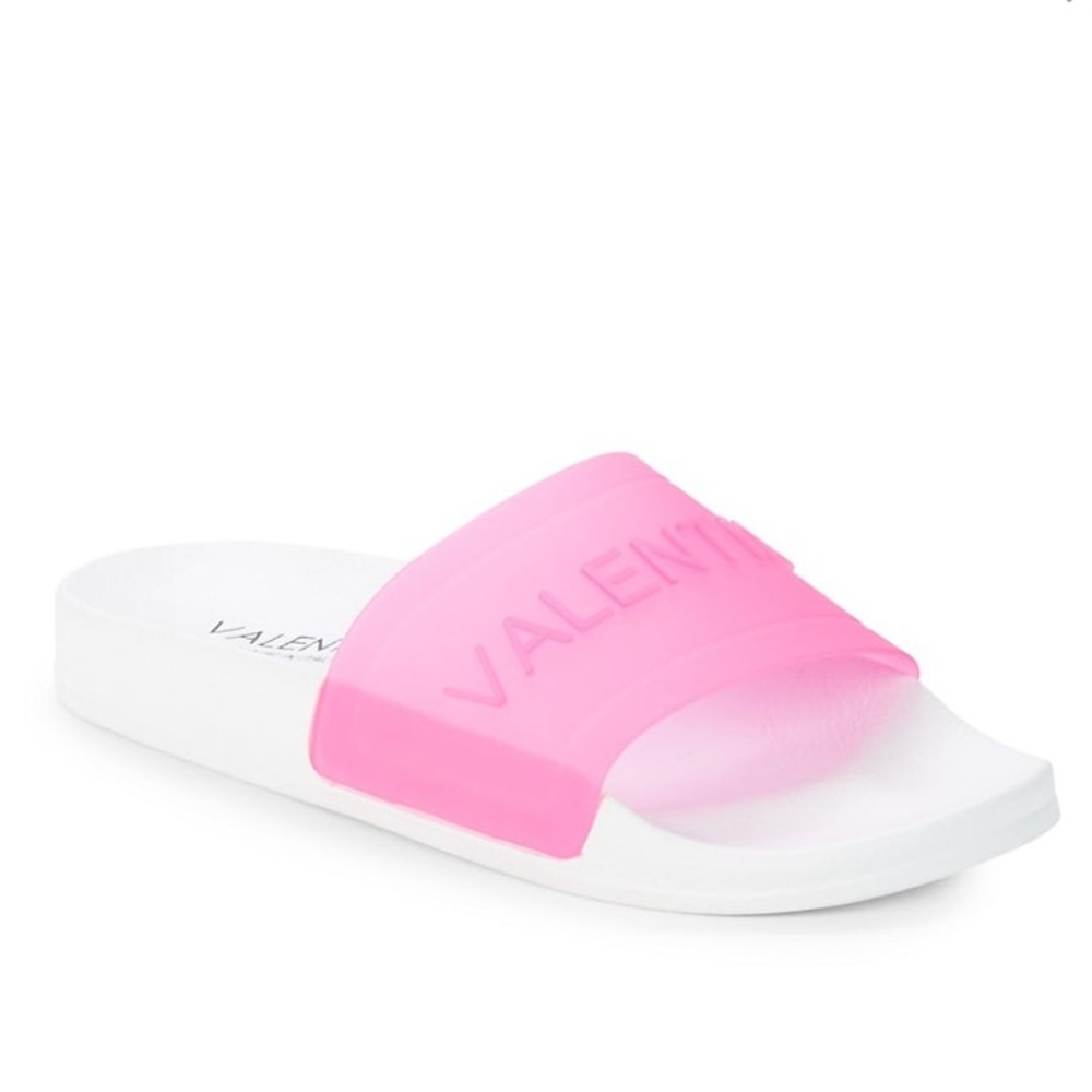 NWT Valentino by Mario Valentino Iride Pool Slides in Fuchsia Pink/white